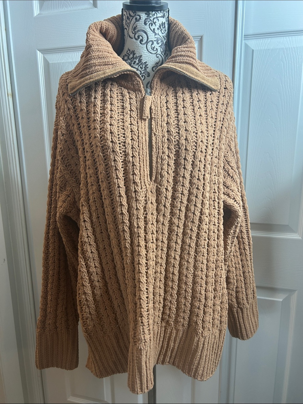 aerie Cable-Knit Half-Zip Sweater in Tan L